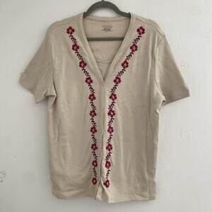 Cottagecore Top Womens L Neutral Beige Floral SS Embroidered Knit Two In One